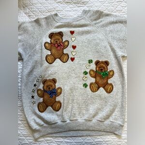 Vintage retro cute Hanes Light Gray Sweatshirt with Teddy Bear and Heart Designs